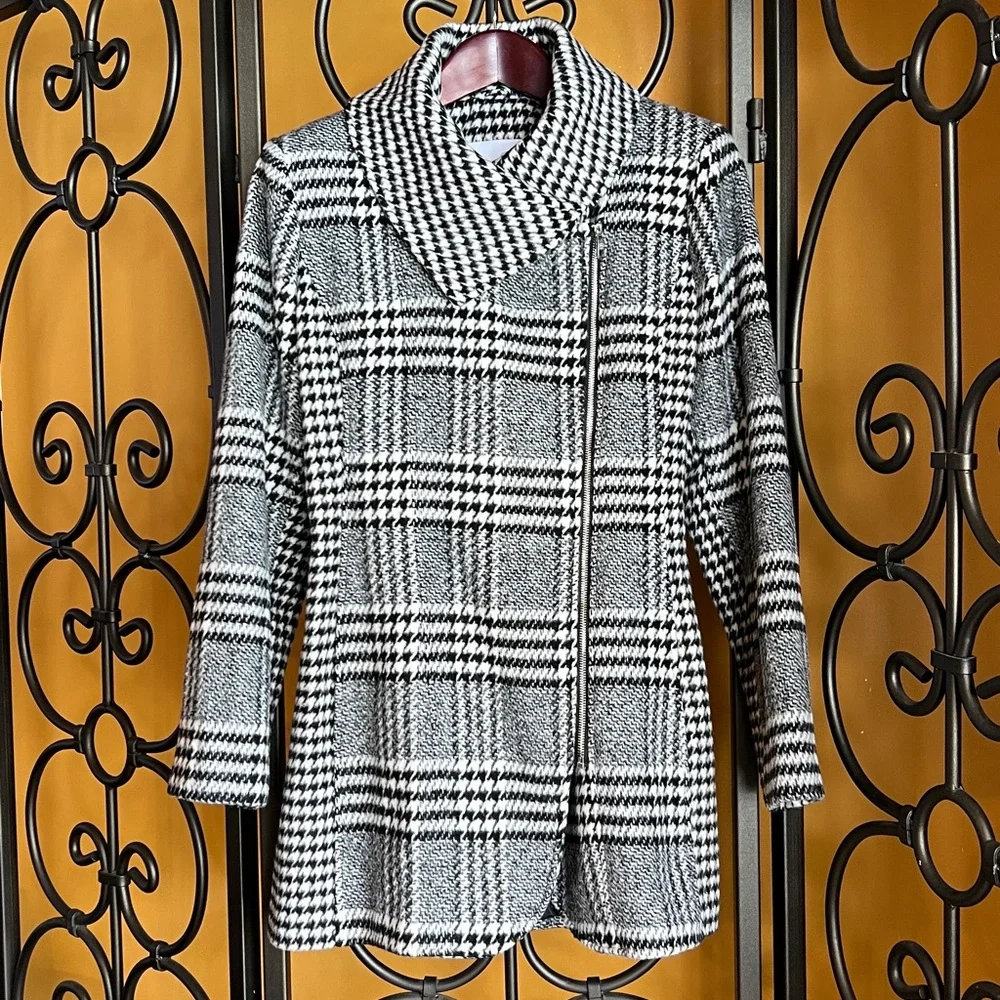 JESSICA SIMPSON Checker Plaid Wool Wrap Zipper Coat - Picture 9 of 16